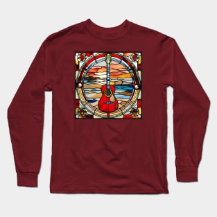 Red Guitar Beach Sunset Stained Glass Long Sleeve T-Shirt